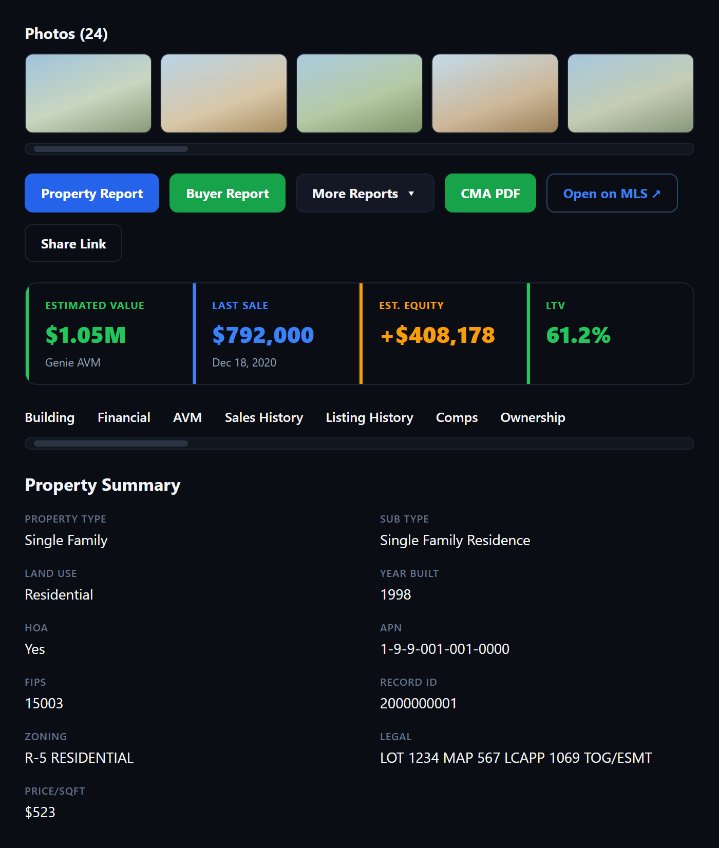 Property card showing photo gallery, Property Report, Buyer Report, and CMA PDF buttons, Genie AVM value, last sale, estimated equity, LTV, and a Property Summary section with building and parcel details