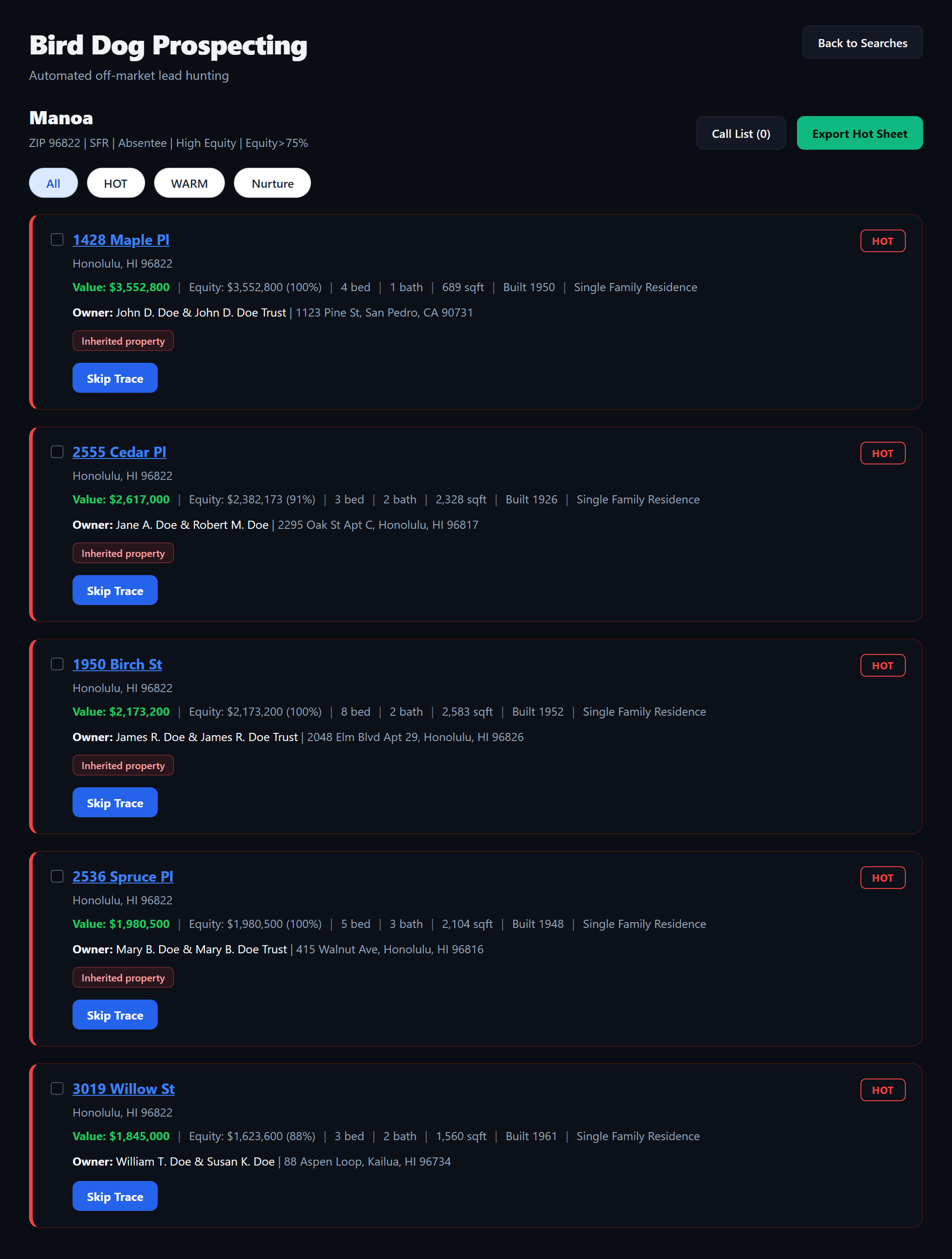 Bird Dog Prospecting screen showing five hot leads with owner names, equity percentages, and skip-trace buttons