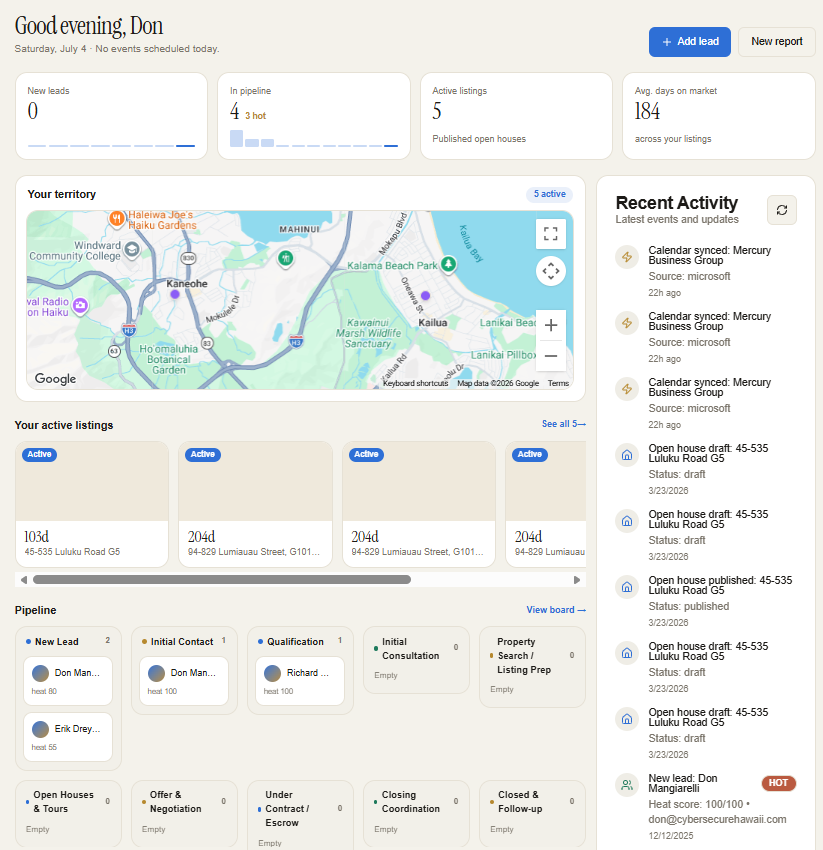 Real Estate Genie broker dashboard showing pipeline, production, active listings, a territory map, and recent activity on one screen